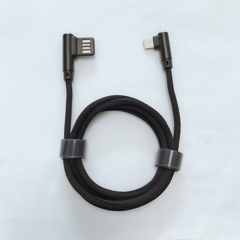 Двулицево USB 2.0 Двоен прав ъгъл Плетено бързо зареждане Алуминиев корпус USB кабел за данни за микро USB, Тип C, iPhone светкавичен заряд и синхронизация